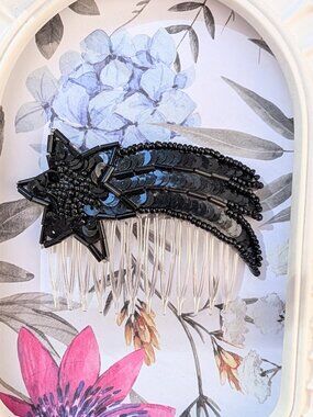 Vintage Jet Black Bead & Sequins Shooting Star Hair Comb